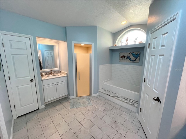 bathroom featuring lofted ceiling, vanity, a textured ceiling, and a washtub