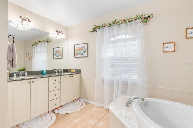 bathroom with vanity, tile patterned floors, and tiled tub