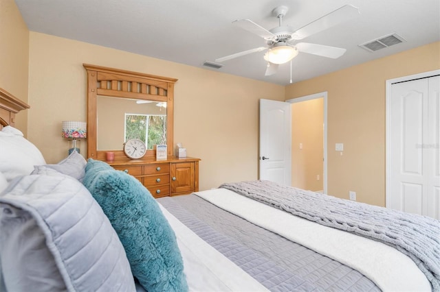 bedroom featuring ceiling fan and a closet