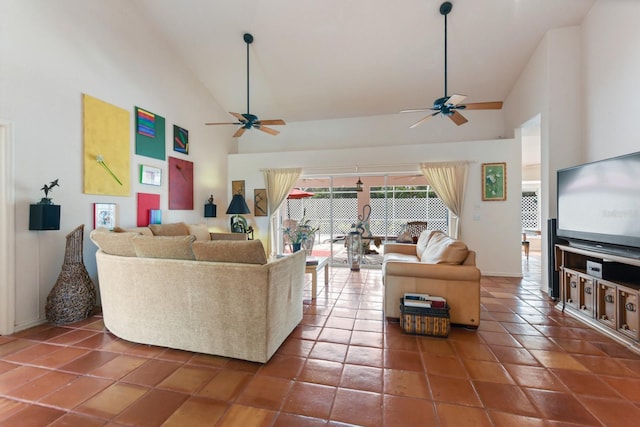 tiled living room with high vaulted ceiling and ceiling fan