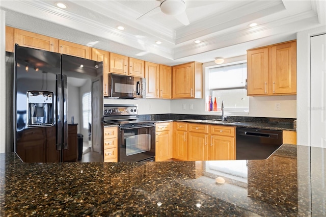 kitchen with black appliances, crown molding, sink, and a tray ceiling