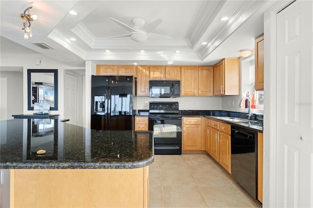 kitchen with dark stone counters, a raised ceiling, black appliances, and sink