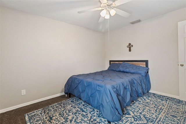 bedroom with ceiling fan and carpet flooring