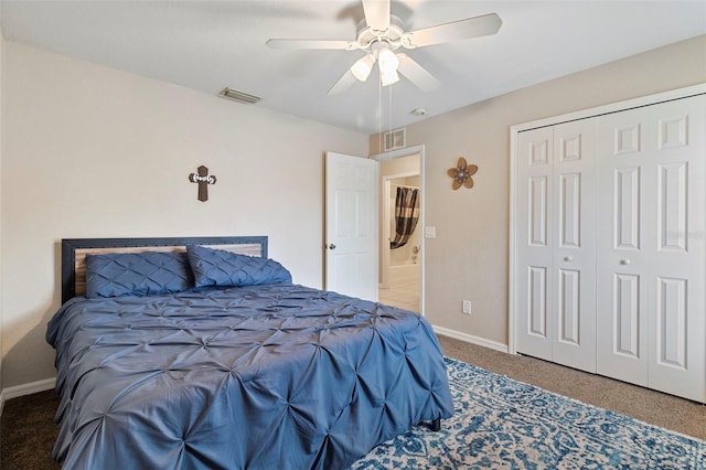 bedroom featuring carpet flooring, ceiling fan, and a closet