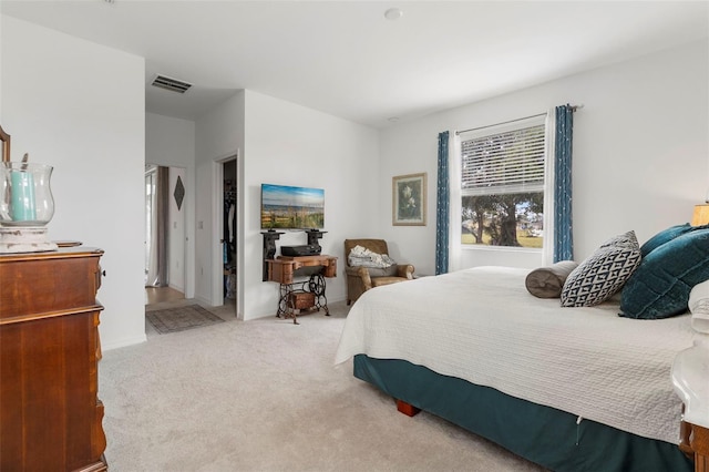 bedroom featuring light colored carpet, a closet, and a spacious closet