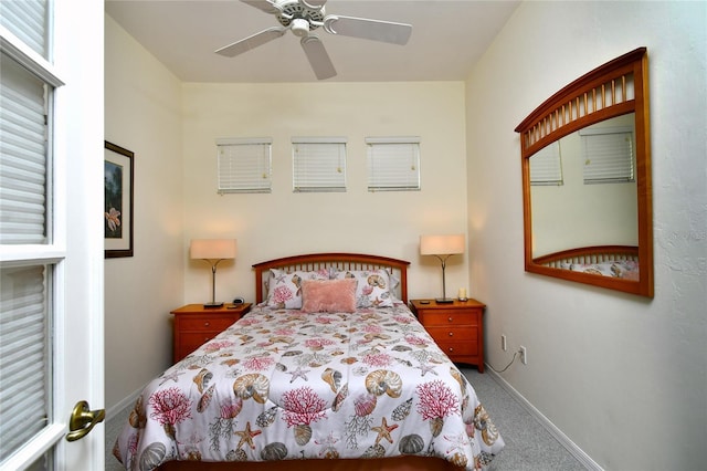 bedroom featuring ceiling fan and carpet floors