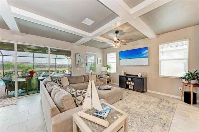 living room with ceiling fan, light tile patterned flooring, a wealth of natural light, and coffered ceiling