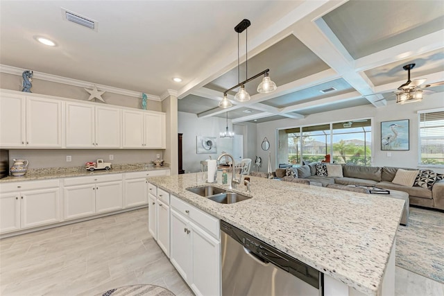 kitchen featuring stainless steel dishwasher, a center island with sink, sink, white cabinetry, and coffered ceiling