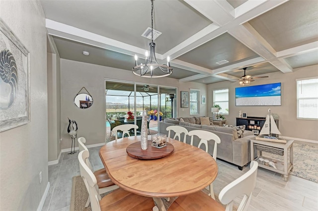 dining space featuring coffered ceiling, a healthy amount of sunlight, and beam ceiling