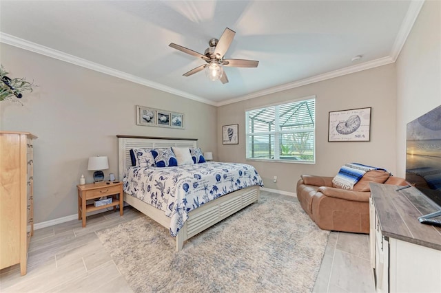 bedroom with ceiling fan and ornamental molding