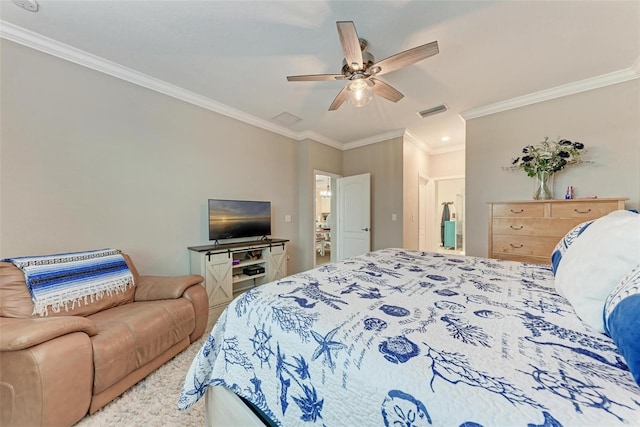 bedroom with ceiling fan and crown molding