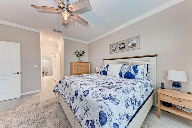 tiled bedroom with ceiling fan and crown molding