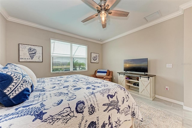 bedroom featuring ceiling fan, ornamental molding, and light tile patterned floors