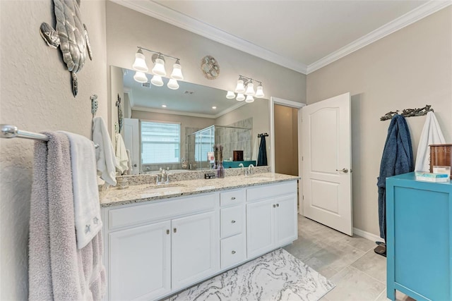 bathroom featuring tile patterned flooring, walk in shower, ornamental molding, and vanity