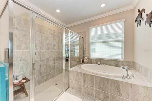 bathroom with independent shower and bath and crown molding