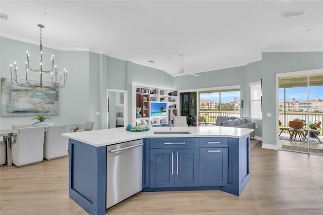 kitchen featuring sink, plenty of natural light, dishwasher, pendant lighting, and a kitchen island with sink