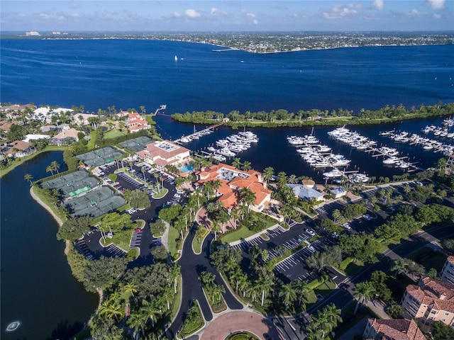 drone / aerial view featuring a water view