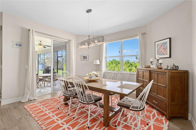 dining area with light hardwood / wood-style flooring and a chandelier