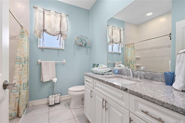 bathroom with tile patterned floors, toilet, a shower with shower curtain, and vanity