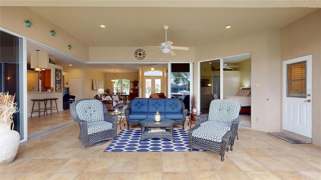 living room featuring ceiling fan