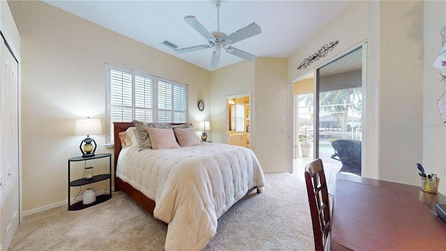 bedroom featuring access to outside, ceiling fan, light carpet, and multiple windows