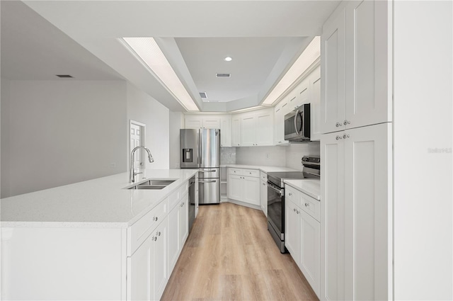 kitchen featuring stainless steel appliances, sink, light hardwood / wood-style flooring, white cabinetry, and tasteful backsplash