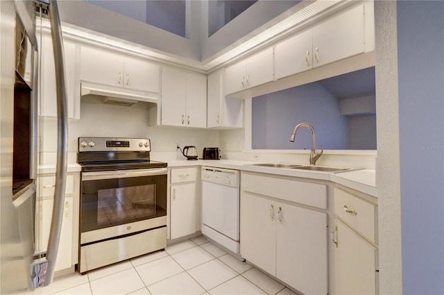 kitchen featuring stainless steel electric stove, sink, white cabinetry, dishwasher, and light tile patterned floors