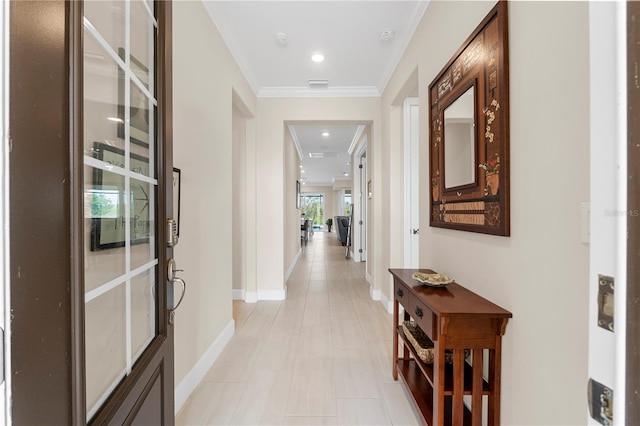 corridor featuring ornamental molding