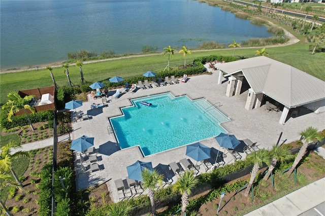 drone / aerial view featuring a water view