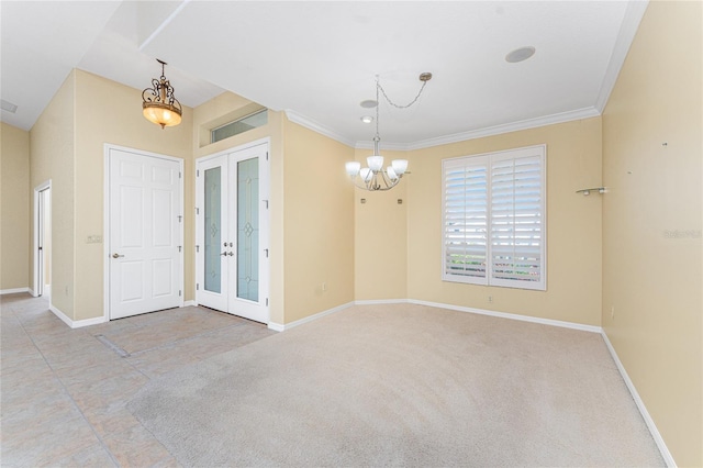 interior space with light carpet, ornamental molding, french doors, and a notable chandelier