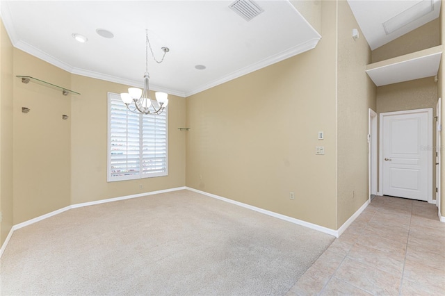 unfurnished room with light colored carpet, a notable chandelier, and crown molding