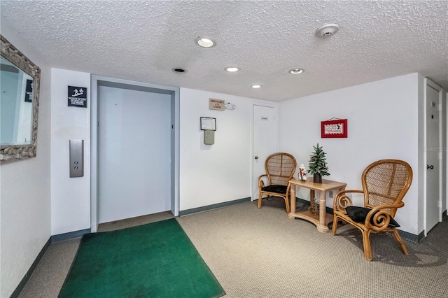 living area featuring a textured ceiling and carpet