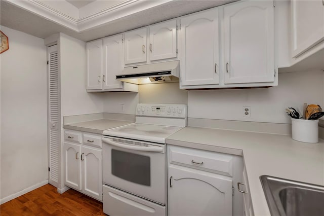 kitchen with sink, white range with electric stovetop, white cabinetry, and hardwood / wood-style floors