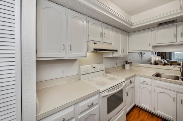 kitchen with white cabinets, white electric range oven, dark wood-type flooring, and sink