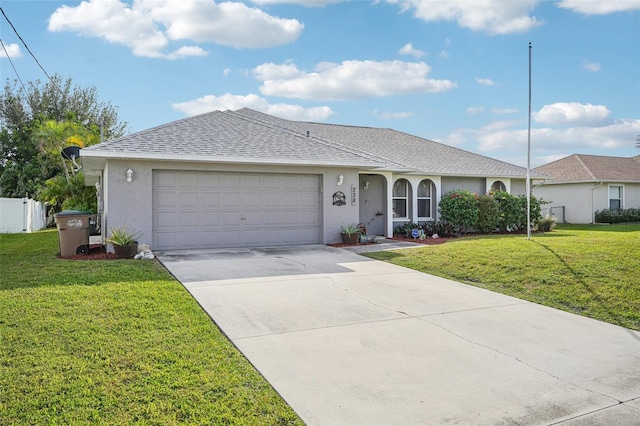 single story home with a front yard and a garage