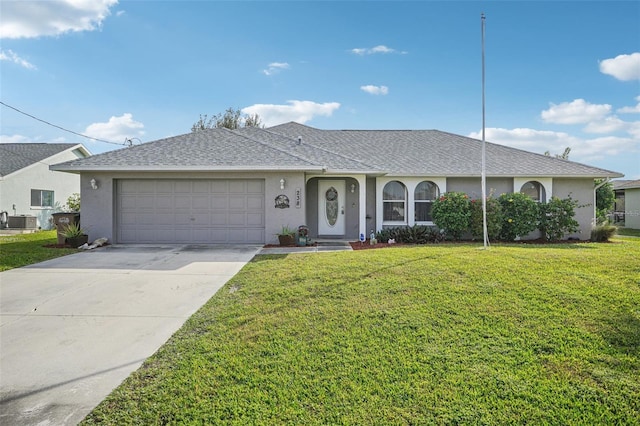 single story home featuring a garage, central air condition unit, and a front yard