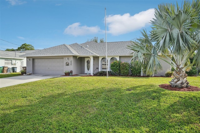 single story home with a front yard and a garage