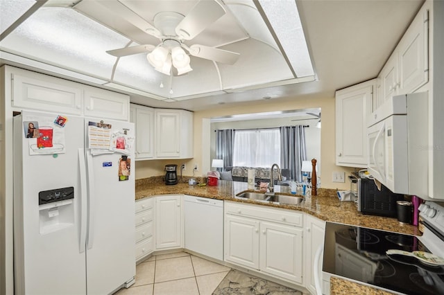 kitchen with sink, white cabinetry, white appliances, light tile patterned flooring, and ceiling fan