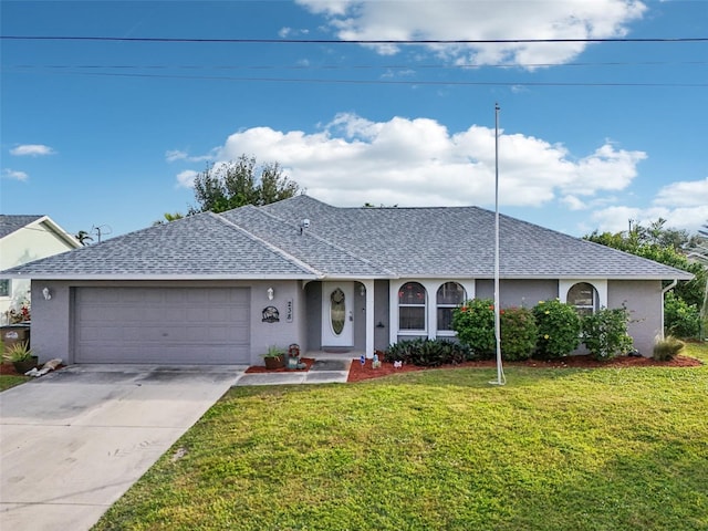 single story home with a garage and a front lawn