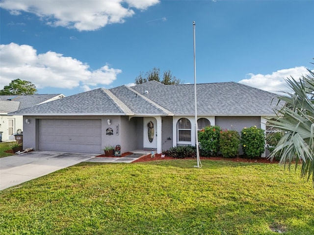 single story home featuring a front lawn and a garage