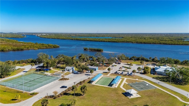 aerial view featuring a water view