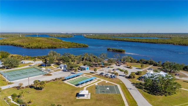 drone / aerial view with a water view