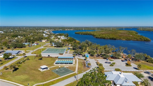 bird's eye view with a water view