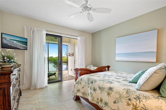 bedroom with french doors, ceiling fan, and access to outside