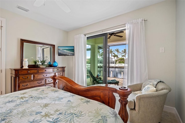 bedroom featuring access to exterior and ceiling fan