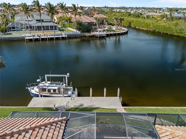 view of dock with a water view and a lanai