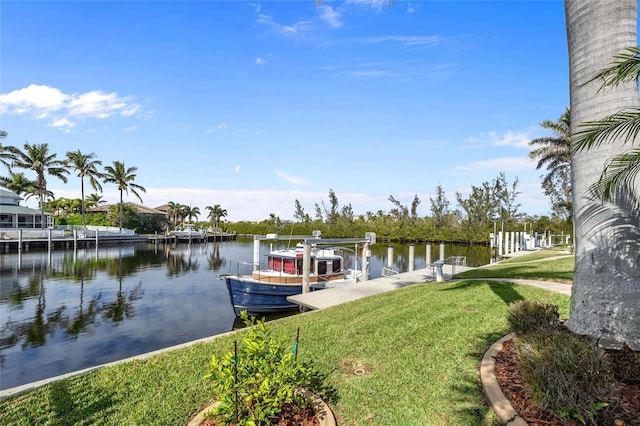 view of dock with a water view and a lawn