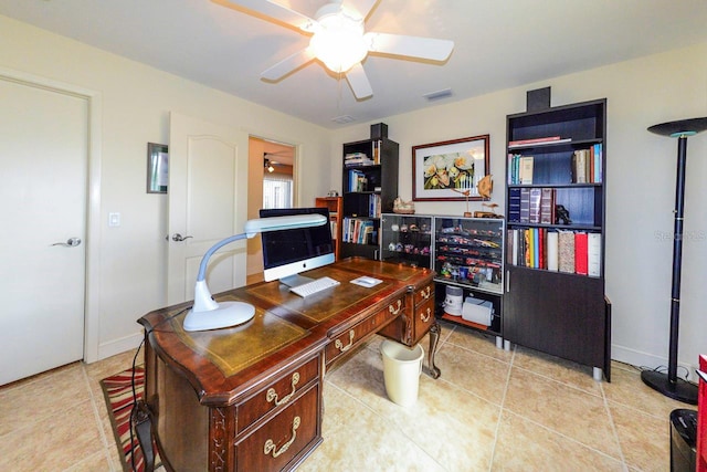 office area featuring light tile patterned floors and ceiling fan