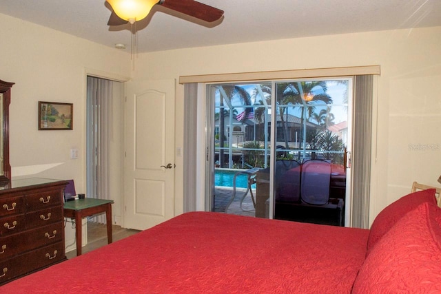 bedroom featuring access to outside and ceiling fan