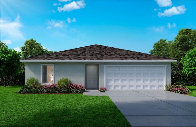 view of front of property with a garage and a front lawn